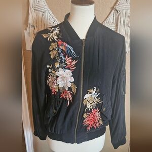 Johnny Was LA Vintage Silk Embroidered Bird Jacket Black Size Small